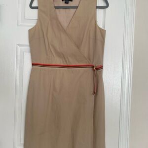 Spenser Jeremy Khaki Tan Cotton Wrap Knee Length Dress Orange Stripe Ribbon Sz 8